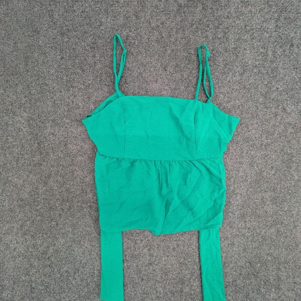 Monteau Camisole Top Womens L Green Spaghetti Strap Ruffle Waist Tie Hem Blouse